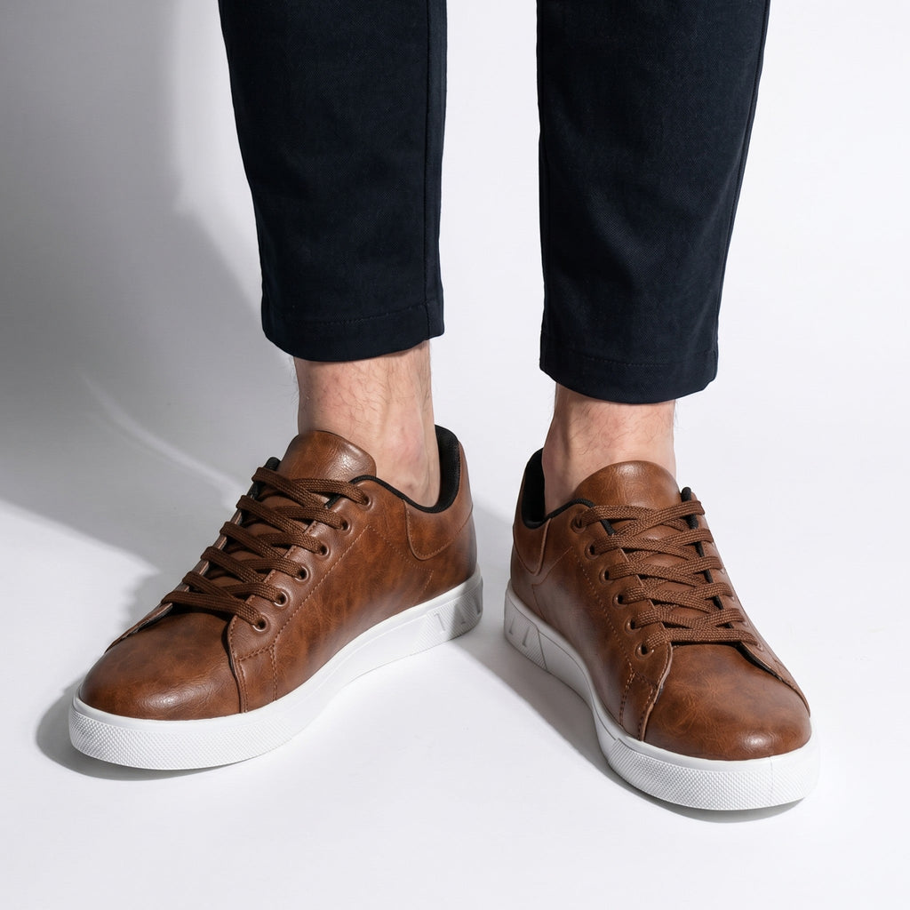 Men's Leather Look Trainers – Minimalist Lace Up Smart Casual Shoes